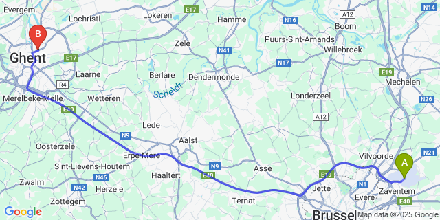 Map: Brussels Zaventem Airport (BRU) to Sint-Amandsberg