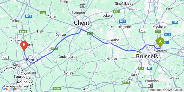 Map: Brussels Zaventem Airport (BRU) to Sint-Eloois-Winkel
