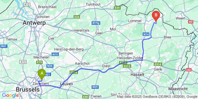 Map: Brussels Zaventem Airport (BRU) to Sint-Huibrechts-Lille