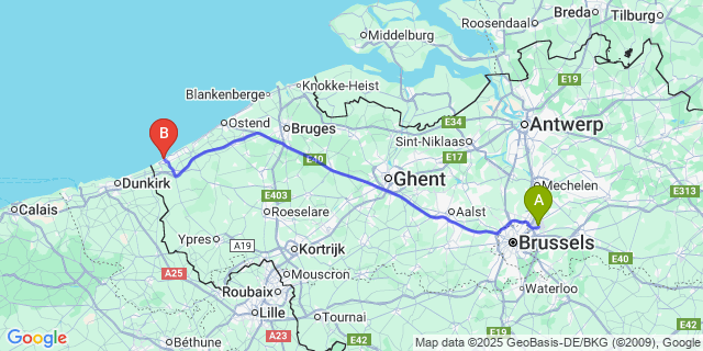 Map: Brussels Zaventem Airport (BRU) to Sint-Idesbald