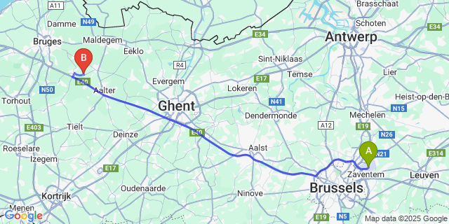Map: Brussels Zaventem Airport (BRU) to Sint-Joris