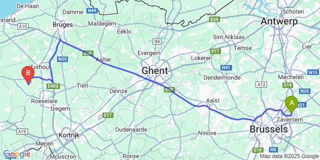 Map: Brussels Zaventem Airport (BRU) to Sint-Jozef-De Geite