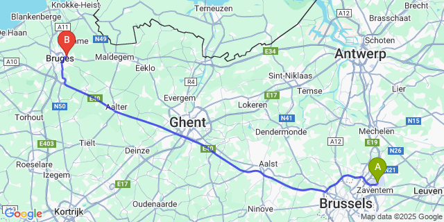 Map: Brussels Zaventem Airport (BRU) to Sint-Kruis