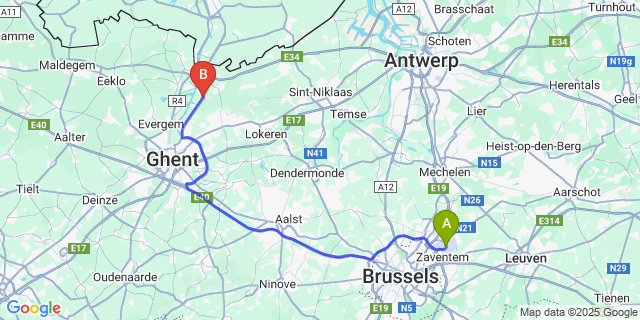 Map: Brussels Zaventem Airport (BRU) to Sint-Kruis-Winkel