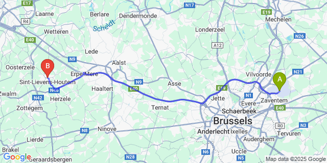 Map: Brussels Zaventem Airport (BRU) to Sint-Lievens-Houtem