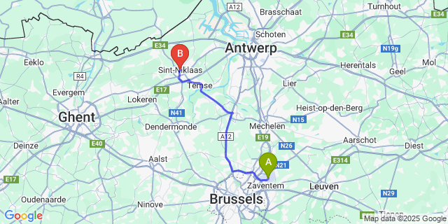 Map: Brussels Zaventem Airport (BRU) to Sint-Niklaas
