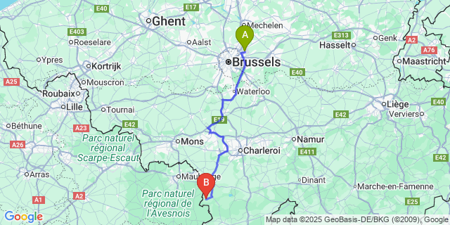 Map: Brussels Zaventem Airport (BRU) to Sivry-Rance