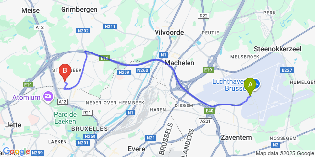 Map: Brussels Zaventem Airport (BRU) to Sleep & Go Brussels Expo