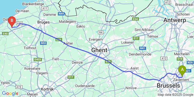 Map: Brussels Zaventem Airport (BRU) to Snaaskerke