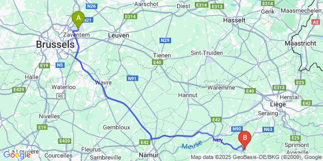 Map: Brussels Zaventem Airport (BRU) to Soheit-Tinlot