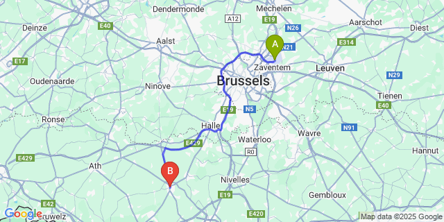 Map: Brussels Zaventem Airport (BRU) to Soignies