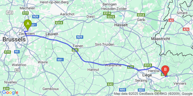 Map: Brussels Zaventem Airport (BRU) to Soumagne