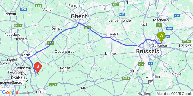 Map: Brussels Zaventem Airport (BRU) to Spiere
