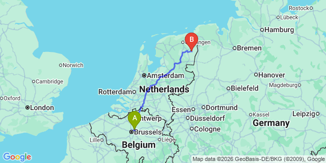 Map: Brussels Zaventem Airport (BRU) to Stadskanaal
