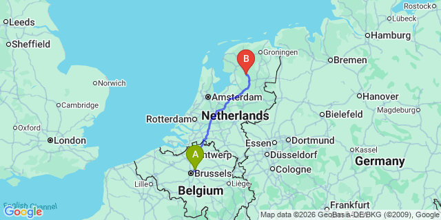 Map: Brussels Zaventem Airport (BRU) to Steenwijk