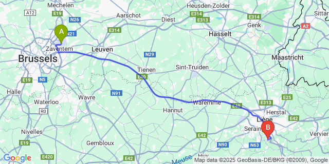 Map: Brussels Zaventem Airport (BRU) to Sur-le-Mont
