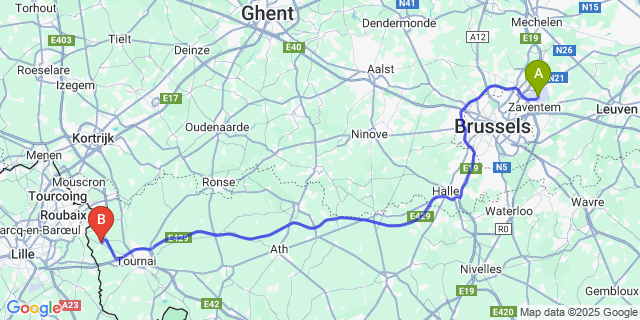 Map: Brussels Zaventem Airport (BRU) to Templeuve