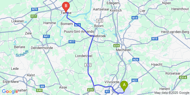 Map: Brussels Zaventem Airport (BRU) to Temse