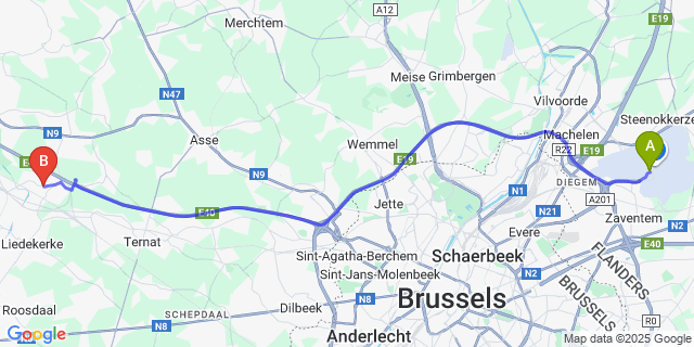 Map: Brussels Zaventem Airport (BRU) to Teralfene