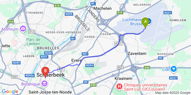 Map: Brussels Zaventem Airport (BRU) to The Helmet Hotel, Brussels