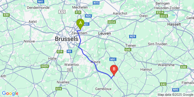 Map: Brussels Zaventem Airport (BRU) to Thorembais-Saint-Trond