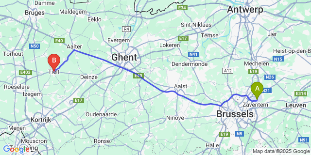 Map: Brussels Zaventem Airport (BRU) to Tielt
