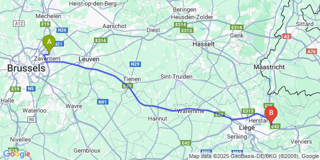 Map: Brussels Zaventem Airport (BRU) to Tignée