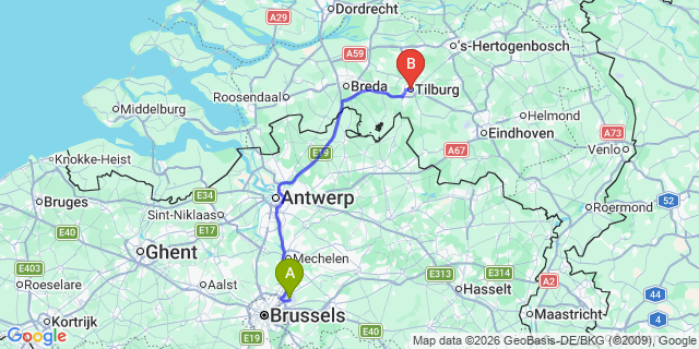 Map: Brussels Zaventem Airport (BRU) to Tilburg