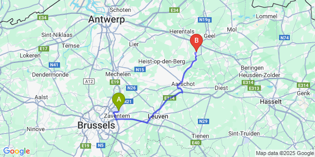 Map: Brussels Zaventem Airport (BRU) to Tongerlo
