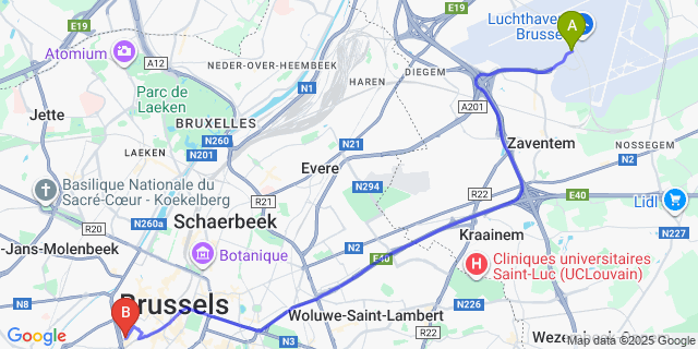 Map: Brussels Zaventem Airport (BRU) to Urban Centre‏ City Hostel, Brussels