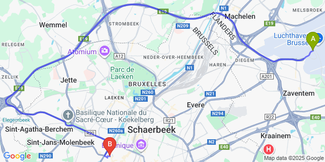 Map: Brussels Zaventem Airport (BRU) to Urban Walls, Brussels