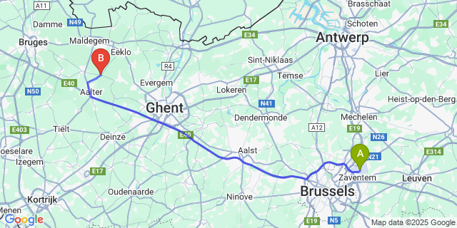 Map: Brussels Zaventem Airport (BRU) to Ursel