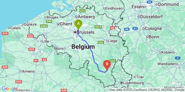 Map: Brussels Zaventem Airport (BRU) to Vaux-sur-Sûre
