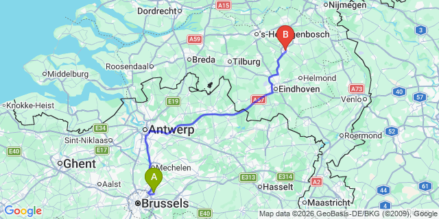 Map: Brussels Zaventem Airport (BRU) to Veghel