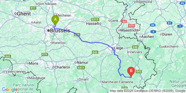 Map: Brussels Zaventem Airport (BRU) to Vielsalm