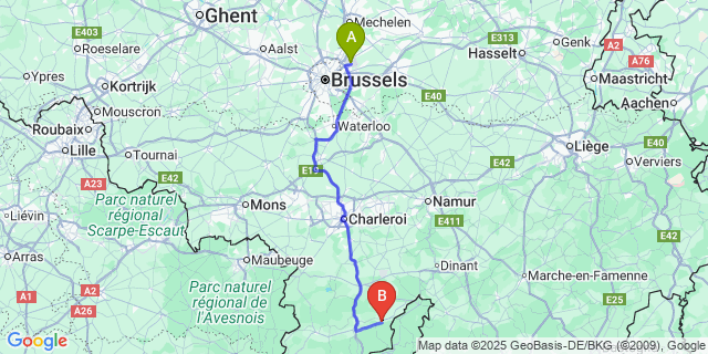 Map: Brussels Zaventem Airport (BRU) to Vierves-Sur-Viroin