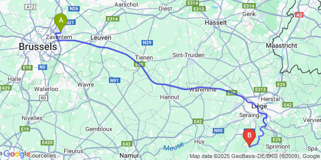 Map: Brussels Zaventem Airport (BRU) to Villers-Aux-Tours