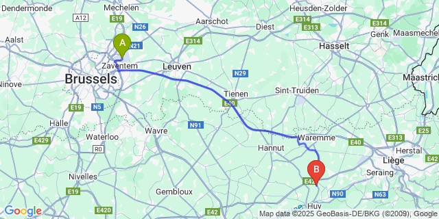 Map: Brussels Zaventem Airport (BRU) to Villers-le-Bouillet