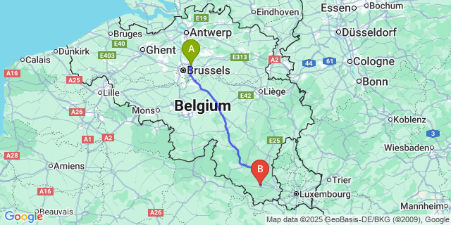 Map: Brussels Zaventem Airport (BRU) to Villers-sur-Semois