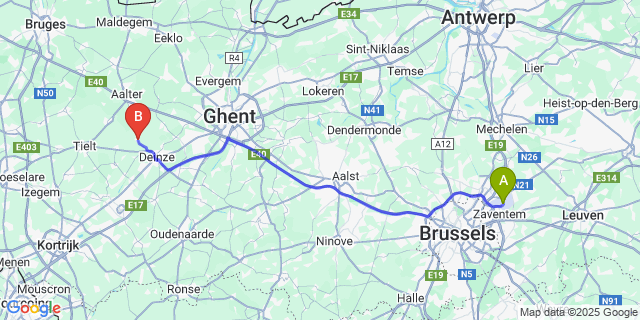 Map: Brussels Zaventem Airport (BRU) to Vinkt