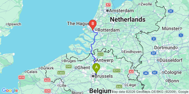 Map: Brussels Zaventem Airport (BRU) to Vlaardingen