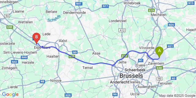 Map: Brussels Zaventem Airport (BRU) to Vlekkem