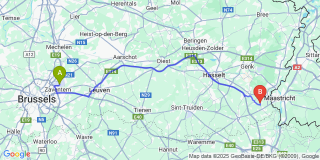 Map: Brussels Zaventem Airport (BRU) to Vlijtingen