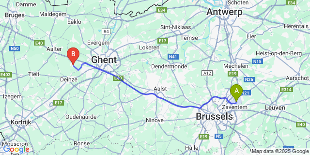 Map: Brussels Zaventem Airport (BRU) to Vosselare