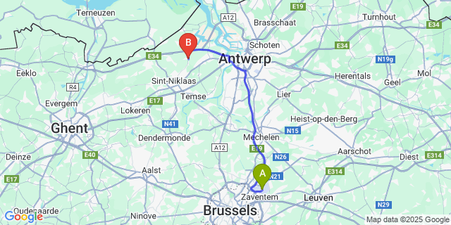 Map: Brussels Zaventem Airport (BRU) to Vrasene