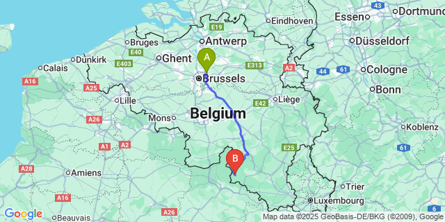 Map: Brussels Zaventem Airport (BRU) to Vresse-sur-semois