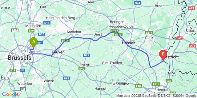 Map: Brussels Zaventem Airport (BRU) to Vroenhoven
