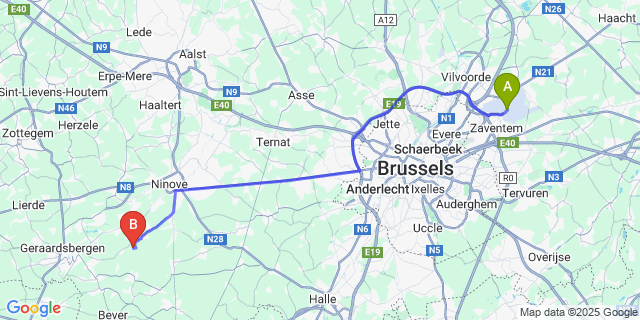 Map: Brussels Zaventem Airport (BRU) to Waarbeke