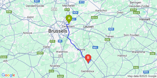Map: Brussels Zaventem Airport (BRU) to Walhain-Saint-Paul