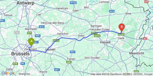 Map: Brussels Zaventem Airport (BRU) to Waterschei